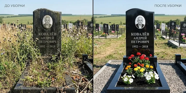 Уборка могилы до и после — ухоженный участок в Мурманске