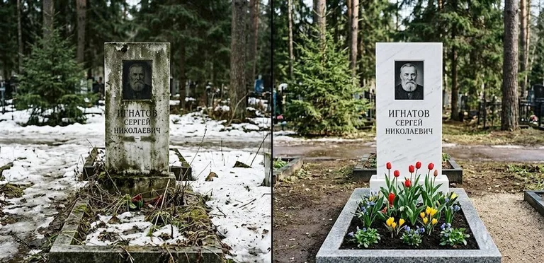 Диптих №6: высадка хризантем у подножия серого гранита — до и после уборки в Мурманске