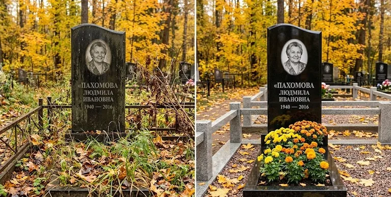 Уборка могилы до и после осенью — клёны в Мурманске
