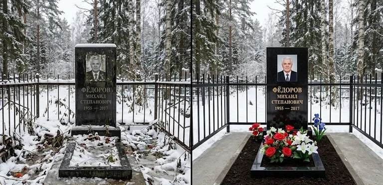 Диптих №20: тротуарная плитка вокруг памятника отмыта аппаратом высокого давления в Мурманске