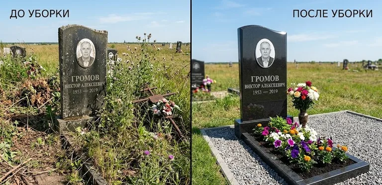 Уборка участка с обелиском до и после в Мурманске