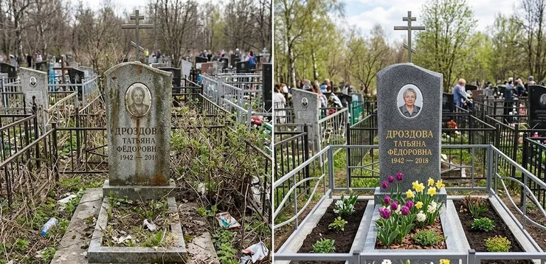 Диптих №4: свежепокрашенная серебром оградка и отмытый красный гранит — до и после в Мурманске