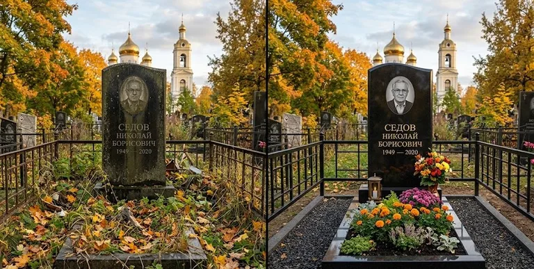 Уборка могилы до и после осенью — у церкви в Мурманске