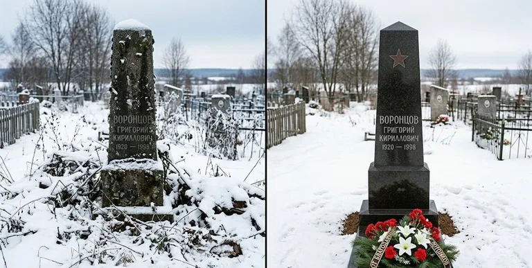 Уборка могилы до и после зимой — воинский обелиск в Мурманске