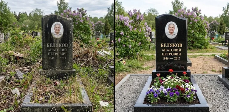 Уборка могилы до и после весной — цветущая сирень в Мурманске
