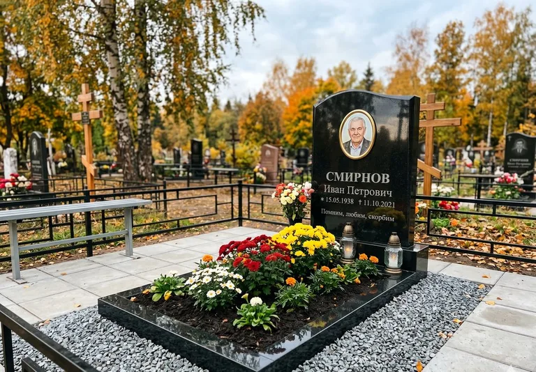 Ухоженная могила после уборки и мойки памятника в Мурманске