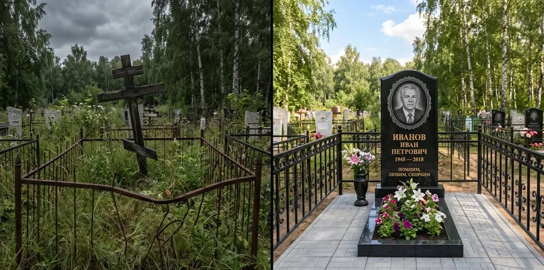 Благоустройство могилы до и после установки памятника в Мурманске