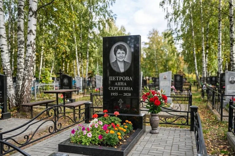Гранитный памятник с цветником и плиткой в Мурманске