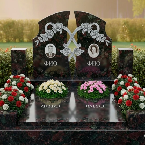 Парный гранитный мемориал с розами для двоих, гранит амфиболит