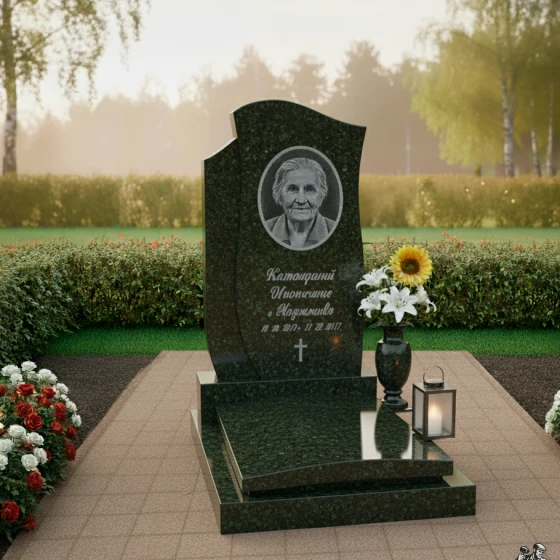 Мемориальный комплекс с волнистой стелой, гранит Балтик грин