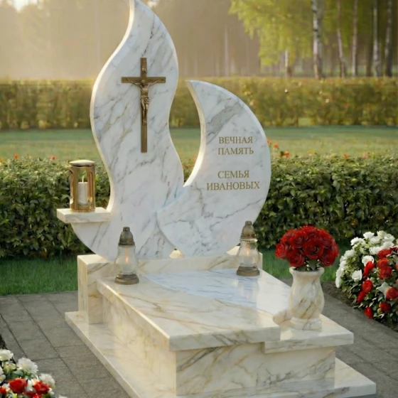 Мемориальная композиция с латунным крестом и вазой, мрамор Тассос