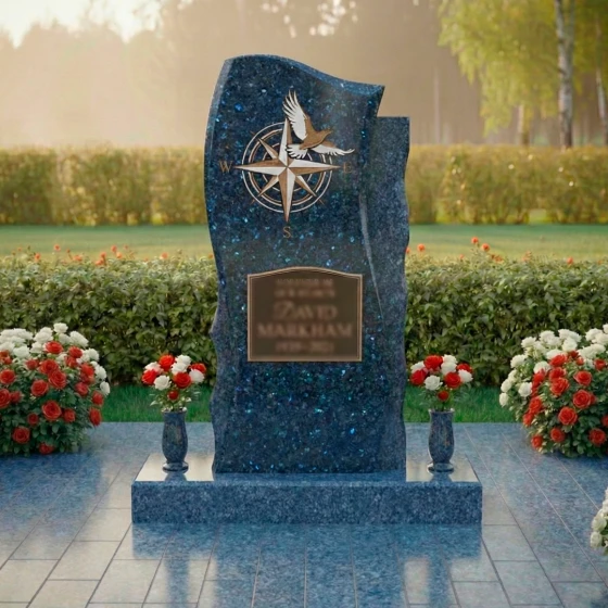 Комбинированный памятник с компасом и голубем, гранит Блю Перл