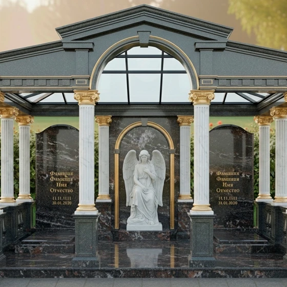 Комбинированный мемориал-арка с фигурой ангела из мрамора, гранит амфиболит