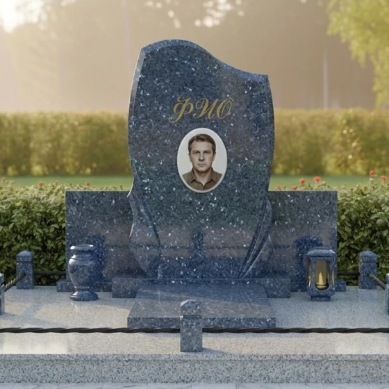 Мемориальная композиция с плавной волной и драпировкой, гранит Блю Перл