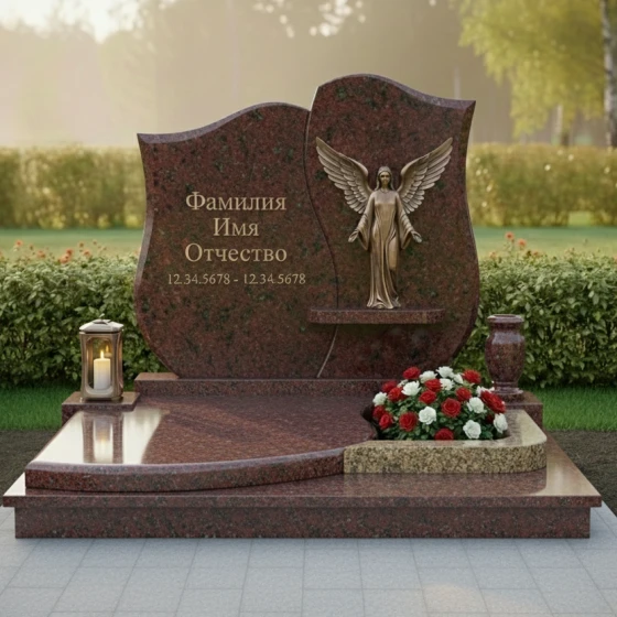 Комбинированный памятник со статуей ангела и цветником, гранит амфиболит
