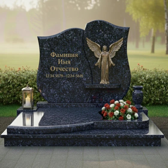 Комбинированный памятник со статуей ангела и цветником, гранит Блю Перл