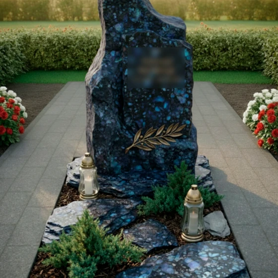 Гранитный памятник-скала с барельефом оливы, гранит Блю Перл