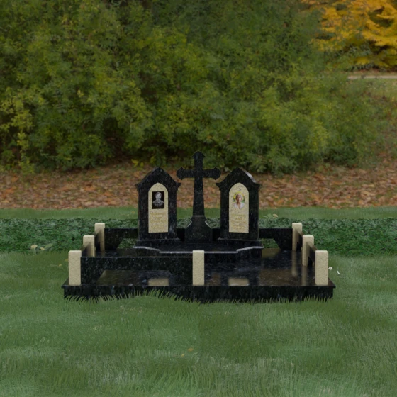 Семейный памятник с арками и православным крестом, гранит Блю Перл, вид 2