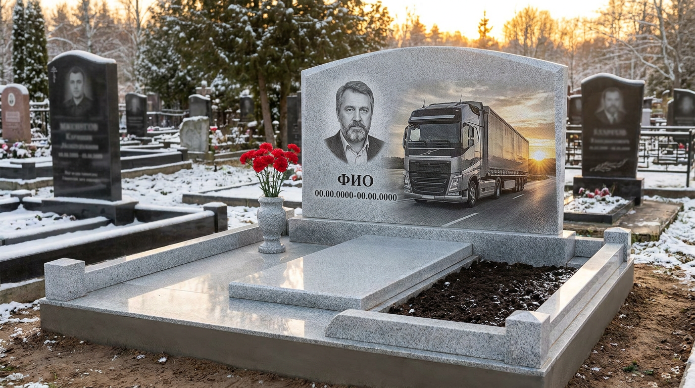 Пример дизайна: Гранитный памятник дальнобойщику с арочным верхом с фурой на закате
