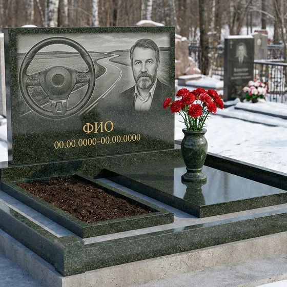 Гранитный памятник дальнобойщику с автопоездом