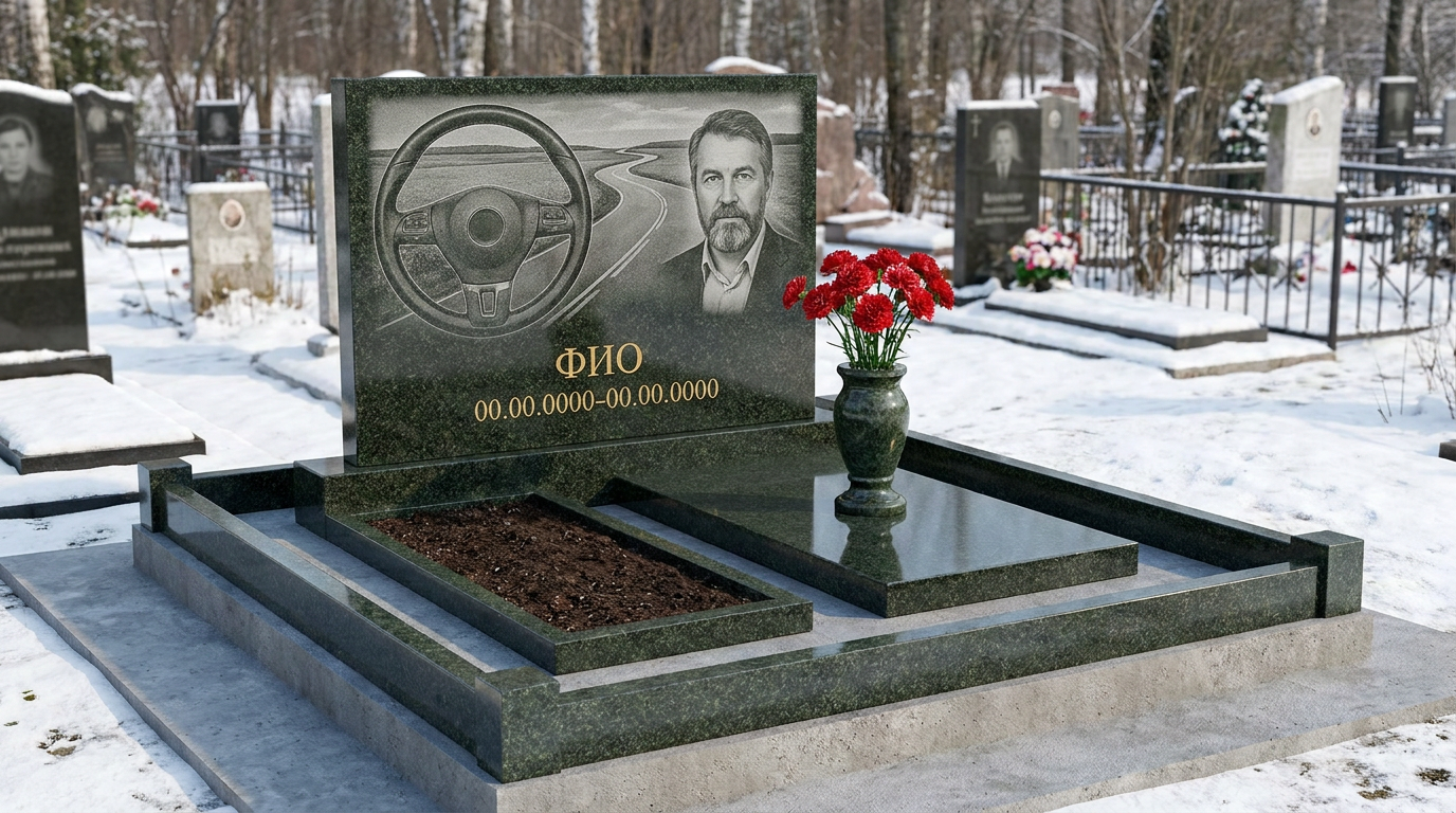 Пример дизайна: Гранитный памятник дальнобойщику с автопоездом