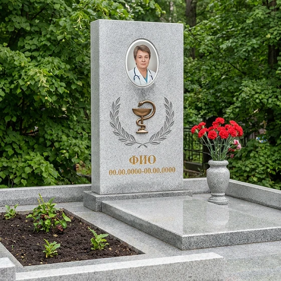 Гранитный памятник врачу с белым крестом