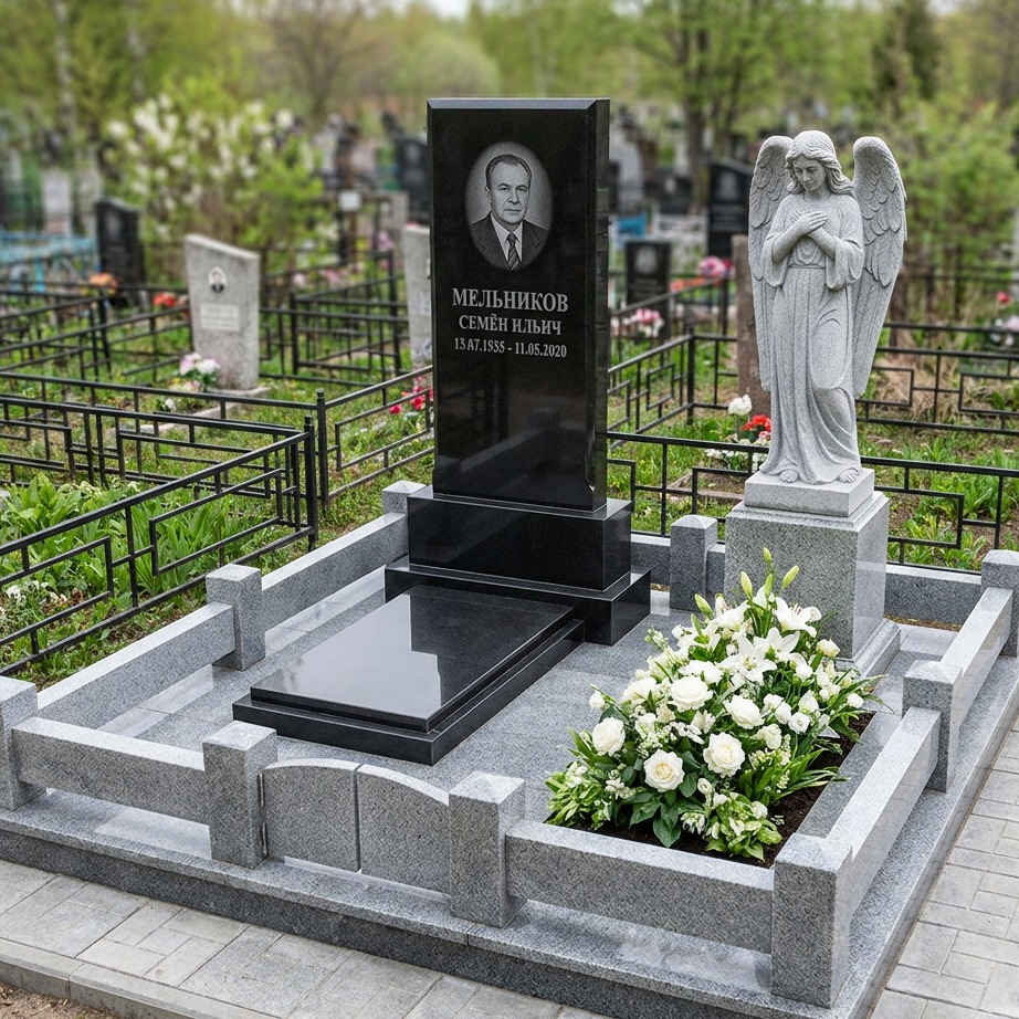 Пример дизайна: Памятник с ангелом из черного гранита — фото и цена