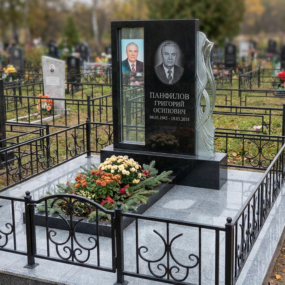 Пример дизайна: Памятник из гранита с интегрированным стеклянным изображением — фото и цена