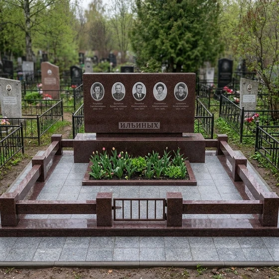 Семейный памятник из красного гранита на пять человек