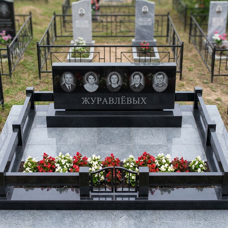 Пример дизайна: Семейный памятник на пять человек из чёрного гранита — фото и цена
