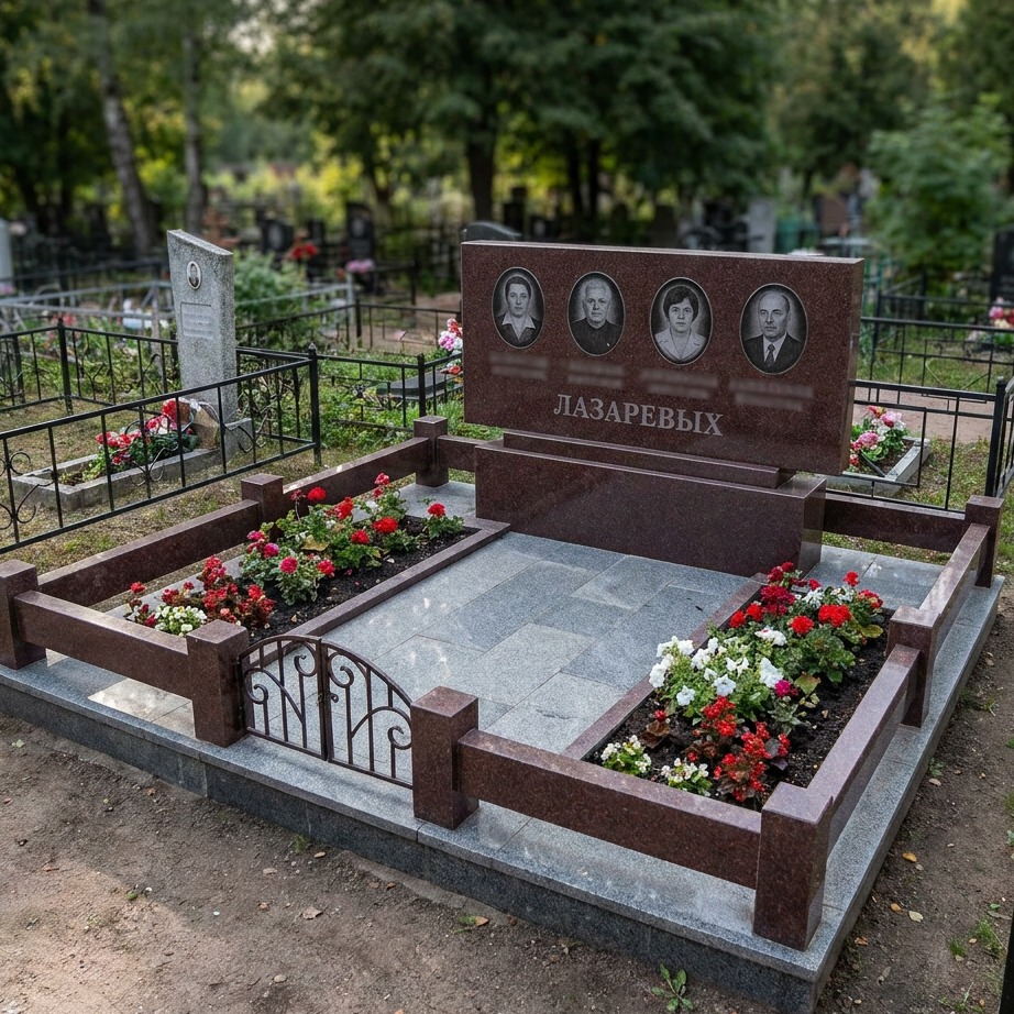 Пример дизайна: Семейный памятник на четверых из красного гранита — фото и цена