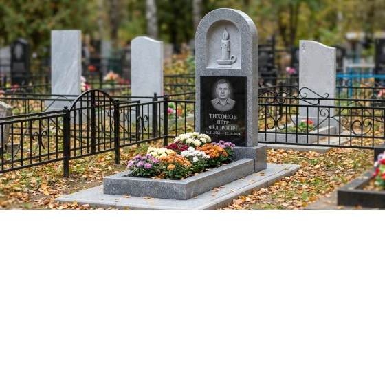 Памятник с свечой из серого гранита Мансуровский с портретом