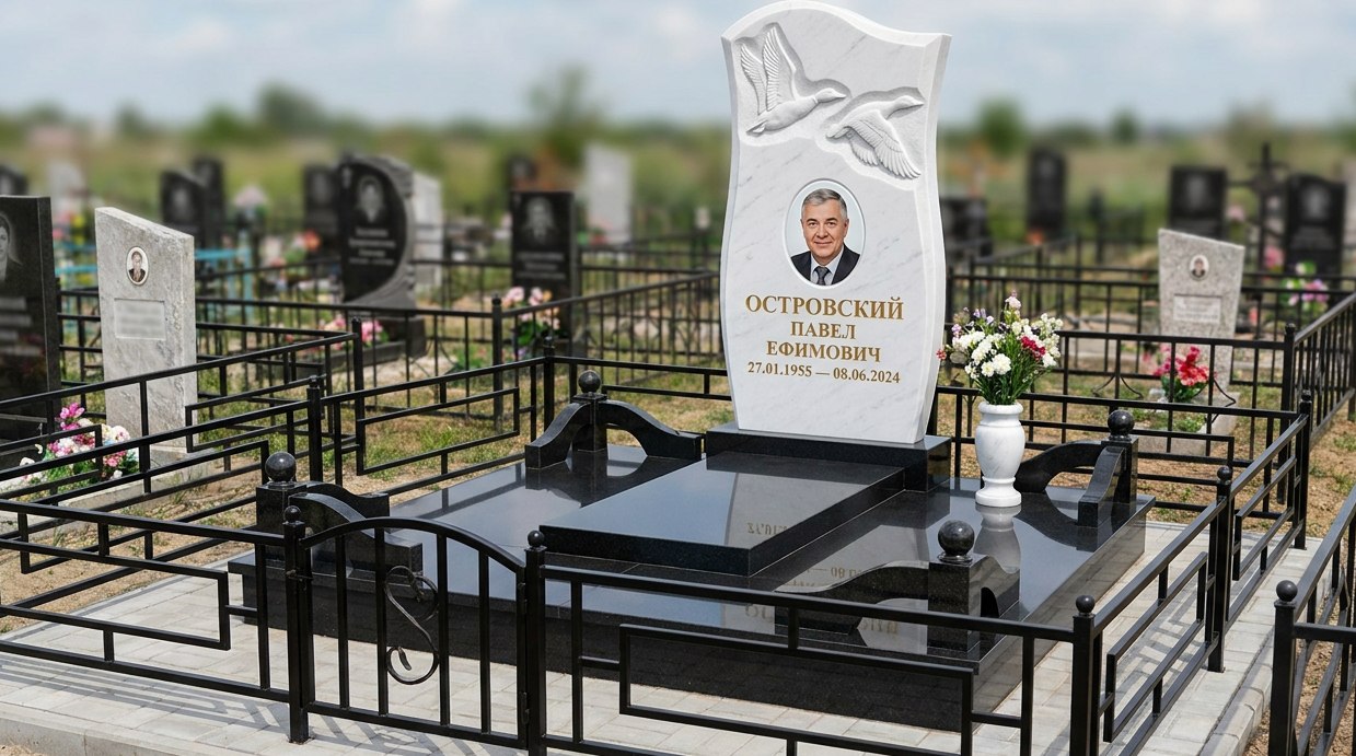 Пример дизайна: Комбинированный памятник с резными голубями и портретом — фото и цена