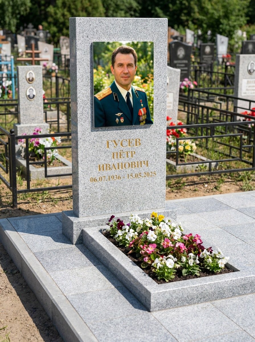 Портрет на памятнике в Мурманске — Прямоугольник на гранитной стеле, ФИО и даты на портрете